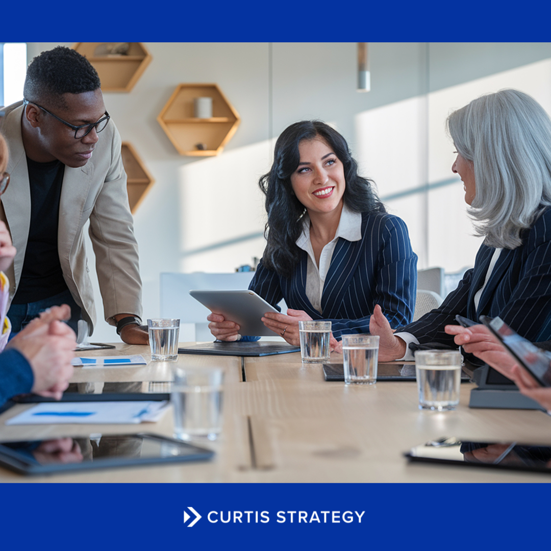 Association CEO and board members around a conference table analyzing strategic planning initiatives and sector risks