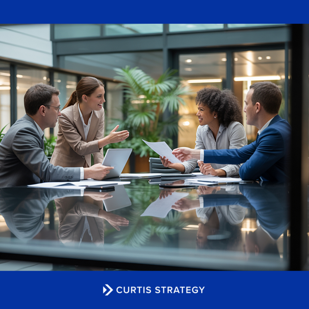 Credit union executives and HR leaders collaborating in a conference room on strategic workforce planning and talent retention strategies.